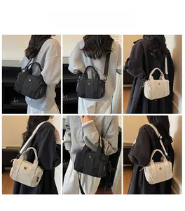 Detailed views of nylon crossbody bags in black and beige with adjustable straps