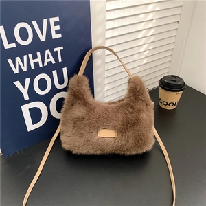 Women Soft Faux Fur Shoulder Bag Stylish Plush Underarm Crossbody Purse Solid Color Fashion Versatile Winter Handbag Lady Gift