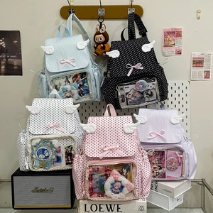 Kawaii Polka Dot Ita Bag Backpack With Angel Wings Bow Transparent Window Display Nylon School Bag For Teen Girls Women