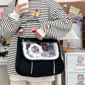 Detail of black canvas itabag with lace trim transparent window for anime badges