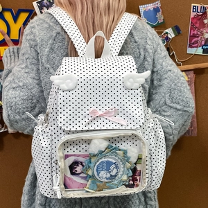 Polka dot ita bag with angel wings and clear window for anime pins display