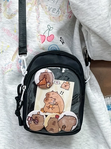 Black Japanese style ita bag with transparent window and cute capybara badges