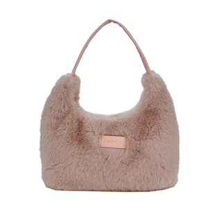 Chic lotus pink plush shoulder bag with faux fur finish and golden love every day text