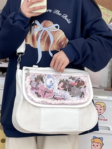 White Japanese Ita bag with clear heart window and lace trim for anime pins and badges