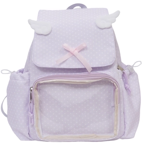 Purple polka dot ITA bag backpack with transparent display window and plush wings