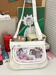 Minimalist white leather ita bag with large clear display window and adjustable strap