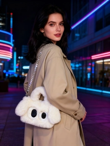 Vue détaillée du sac en peluche blanche avec yeux de dessin animé et chaîne en argent