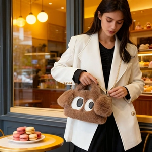 Détail du sac en peluche marron avec yeux de dessin animé et chaîne dorée