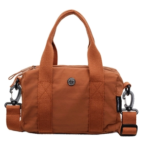 Caramel nylon crossbody bag with dual handles and adjustable strap on white background
