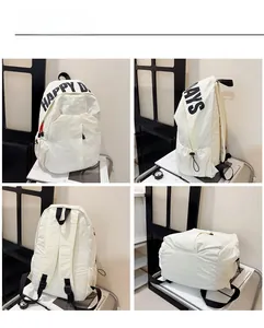 Detailed four-angle view of a white nylon backpack with Happy Days printed on the front