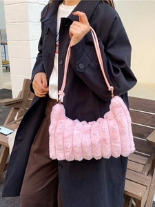 Pink tie-dye plush shoulder bag for women with leather straps and striped fuzzy texture
