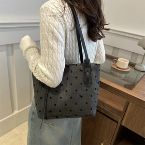 Sac cabas chic en toile gris foncé avec pois et broderie de nœuds pour femmes