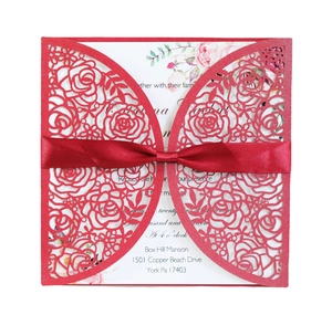 Elegant Laser Cut Wedding Invitation Cards Pearl Paper Hollow Rose Pattern Greeting Cards With Ribbons And Envelopes