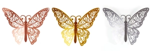 Detailed laser-cut hollow butterfly wall decals in rose gold, gold, and silver metallic finishes