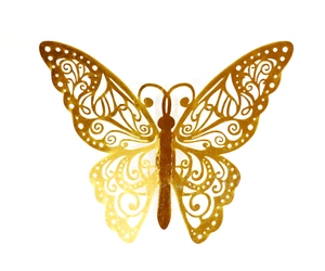 Detail of rose gold hollow butterfly stickers with laser cut floral patterns for wedding