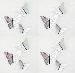 Detailed laser-cut 3D hollow butterfly wall stickers with shimmering pearl finish texture
