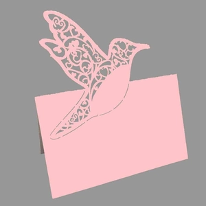 Pink laser-cut table card with hummingbird and heart pattern for weddings and events