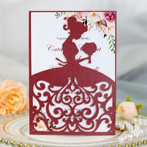 Élégantes Cartes d'Invitation de Mariage Découpées au Laser Silhouette Mariée Dentelle Papier Perlé pour Banquet Mariage