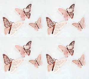 Detail of rose gold 3D hollow butterfly wall stickers with various intricate floral patterns