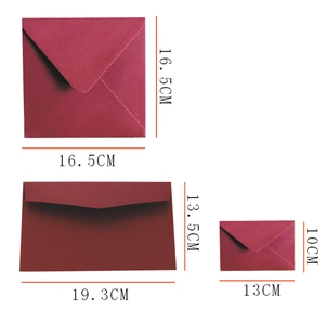 Three sizes of burgundy pearlescent paper envelopes with detailed dimensional measurements