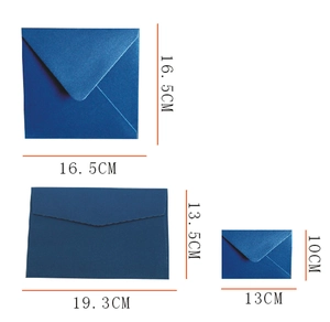 Three deep blue pearlescent envelopes in various sizes with dimensions on white background
