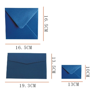 Three sizes of deep blue pearlescent paper envelopes for cards and invitations