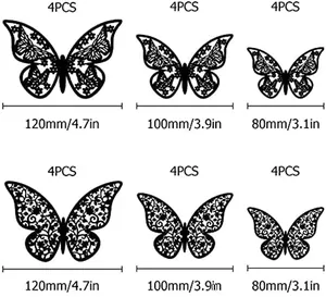 Size guide for 3D black butterfly wall stickers showing 120mm, 100mm, and 80mm dimensions