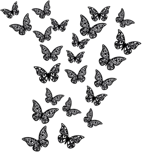 Set of decorative 3D hollow black butterfly wall stickers in various sizes for home decor