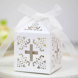 Laser Cut Cross Candy Box Pearlescent Paper Gift Box With Ribbon For Baptism Wedding Party Favors Paper Decoration