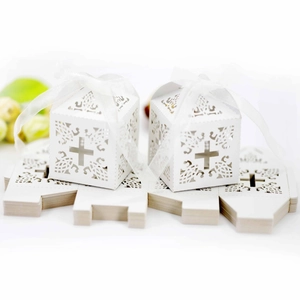 White laser cut cross hollow candy gift box with elegant ribbon for wedding party favors