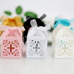 Laser cut hollow gift boxes with cross pattern and organza ribbons in multiple colors