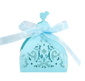 Elegant light blue laser-cut butterfly wedding favor box with ribbon on white background