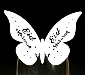 Laser-cut butterfly cup card with Eid Mubarak print for festive glassware decoration