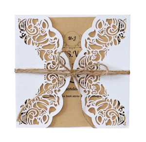 Kit d'Invitation de Mariage en Dentelle Découpée au Laser Design Ajouré Blanc Avec Insert en Papier Kraft Enveloppe Corde