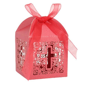 Elegant red laser-cut hollow cross candy box with ribbon for weddings and religious events