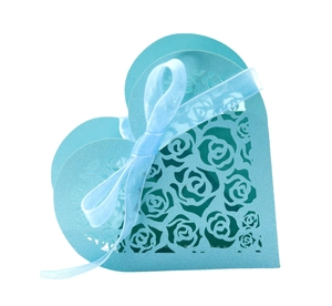 Elegant light blue heart-shaped gift box with laser-cut rose patterns and organza ribbon
