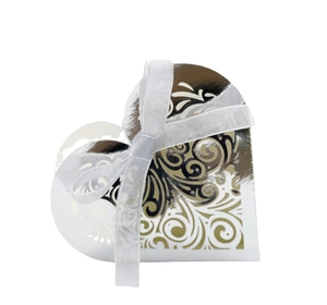 Silver hollow heart wedding favor box with ornate filigree and white ribbon bow accent
