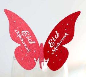 Red butterfly Eid Mubarak cup cards in pearlescent paper for festive glass decoration