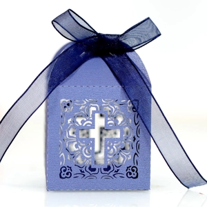 Laser cut hollow purple pearl paper cross candy box with ribbon for church wedding