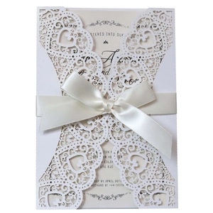 Laser Cut Wedding Invitations Pearlescent Paper Hollow Heart Lace Invitation Cards With Ribbon Inner Page And Envelopes For Marriage Ceremony Engagement Party Decoration
