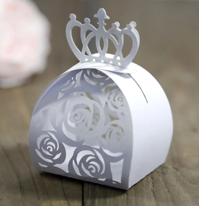 European style crown wedding favor box with white laser-cut rose hollow paper pattern