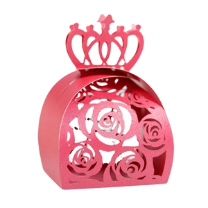 Pink laser-cut crown candy box with hollow rose patterns for wedding favors