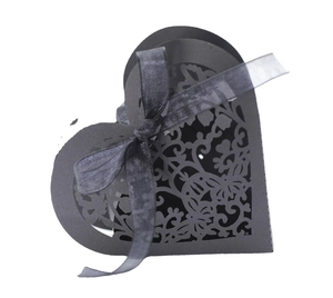 Laser-cut heart gift box in black cardstock with floral butterfly details and ribbon