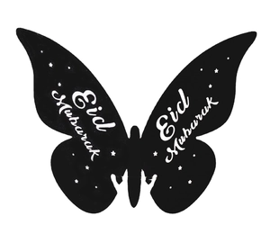 Black laser-cut butterfly place cards with Eid Mubarak text for festival glass decoration