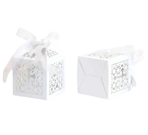 Set of two white laser-cut hollow candy boxes with cross pattern and satin ribbons