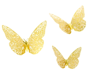 3D hollow gold butterfly wall stickers with intricate laser-cut patterns for home decor