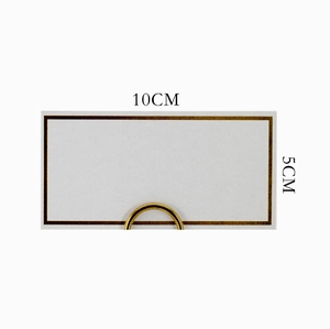 White wedding place card with gold foil border and gold semi-circle metal stand 10x5cm