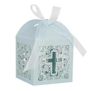 Light blue laser-cut wedding favor box with cross design and white ribbon detail