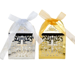 European style hollow cross favor boxes in gold and silver with elegant ribbon bows
