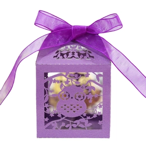Purple laser-cut owl favor box with ribbon for birthday parties and wedding candy